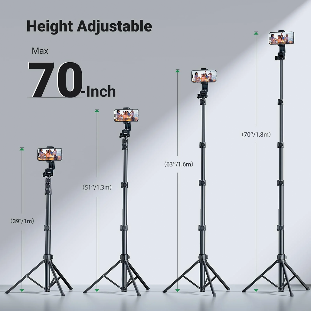 A Photo Of UGREEN 70-Inch Aluminum Phone Tripod with Bluetooth Remote | Sturdy & Adjustable Selfie Stick for iPhone, Galaxy, GoPro