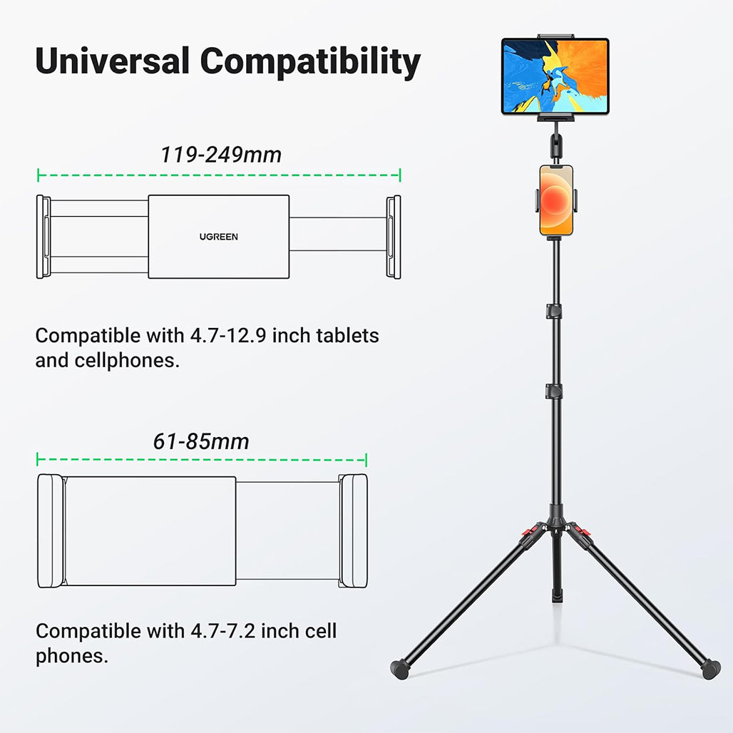 A Photo Of UGREEN 1.7m Adjustable Tripod Stand for Phone and Tablet | Dual Holders, 360° Adjustment, Aluminum Sturdy Base