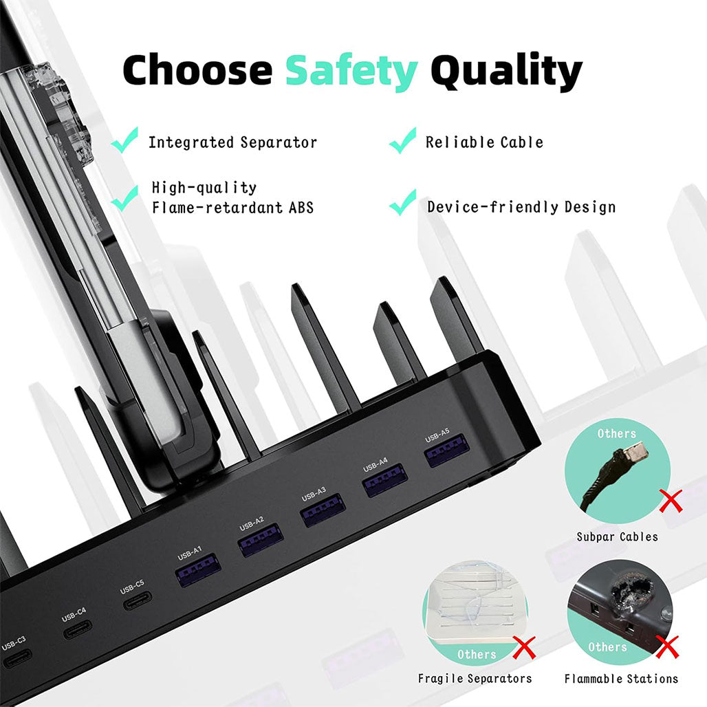 A Photo Of 320W Multi-Device Charging Station with 10 USB C Ports – Zobirez Fast Charger Dock for MacBook, iPhone, iPad, Android, Tablets – Organized Family Charging Solution, Black