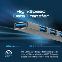 A Photo Of Promate 4-in-1 USB-C Multi-Port Data Hub – Ultra-Slim Aluminum Hub with 4 USB-A Ports, 5Gbps Transfer Rate, and Flexible Cable