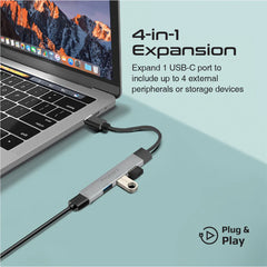 A Photo Of Promate 4-in-1 USB-C Multi-Port Data Hub – Ultra-Slim Aluminum Hub with 4 USB-A Ports, 5Gbps Transfer Rate, and Flexible Cable