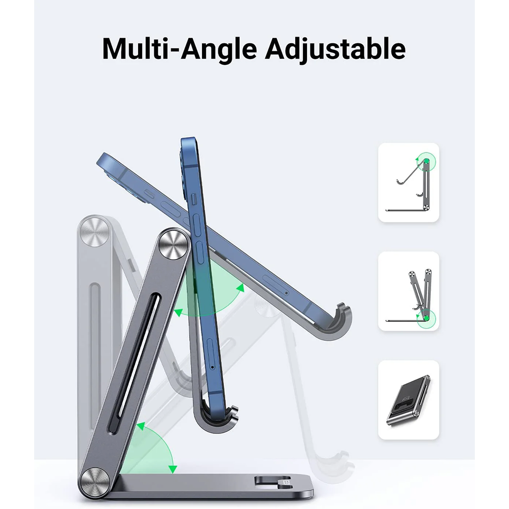 A Photo Of UGREEN Adjustable Aluminum Phone Holder – Foldable & Portable Stand with Cable Cut-out