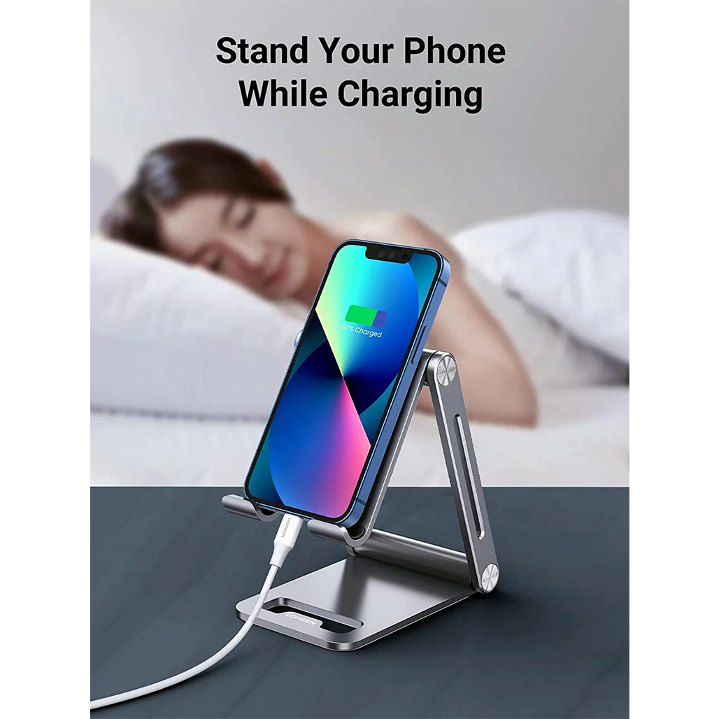 A Photo Of UGREEN Adjustable Aluminum Phone Holder – Foldable & Portable Stand with Cable Cut-out