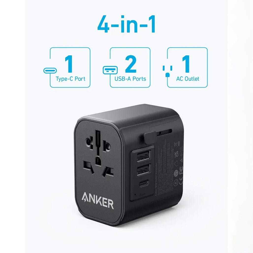 A Photo Of Anker PowerExtend 30W Travel Adapter with USB-C Charger (A9212) - Compact 4-in-1 Multi-Region Plug for Global Travel