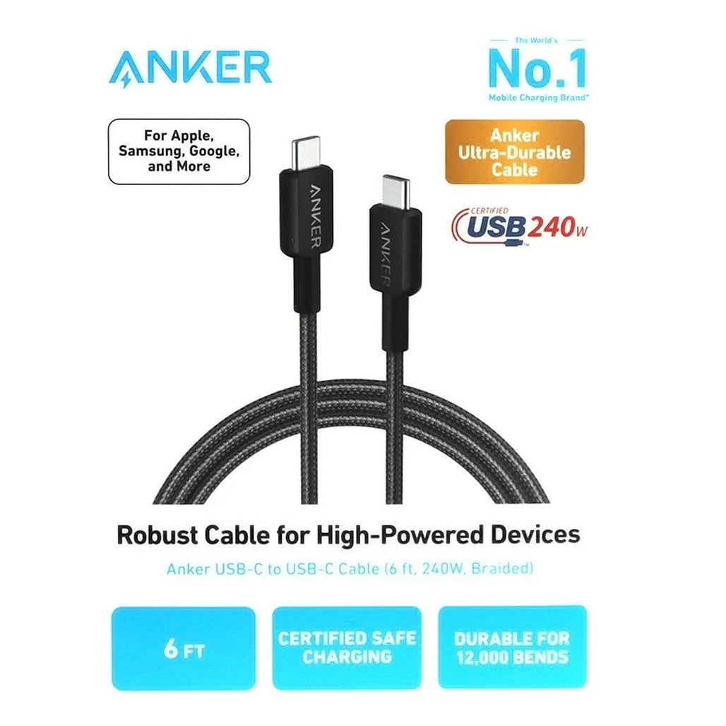 A Photo Of Anker USB-C to USB-C Fast Charging Cable - 240W Power Output, 12,000+ Bend Lifespan, Braided 3ft & 6ft Cable for Smartphones, Tablets, and Laptops