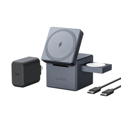 A Photo Of Anker 3-in-1 Cube with MagSafe - Ultra-Fast 15W Wireless Charger for iPhone, Apple Watch, and AirPods, Compact and Foldable Travel-Friendly Design