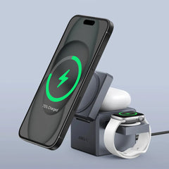 A Photo Of Anker 3-in-1 Cube with MagSafe - Ultra-Fast 15W Wireless Charger for iPhone, Apple Watch, and AirPods, Compact and Foldable Travel-Friendly Design