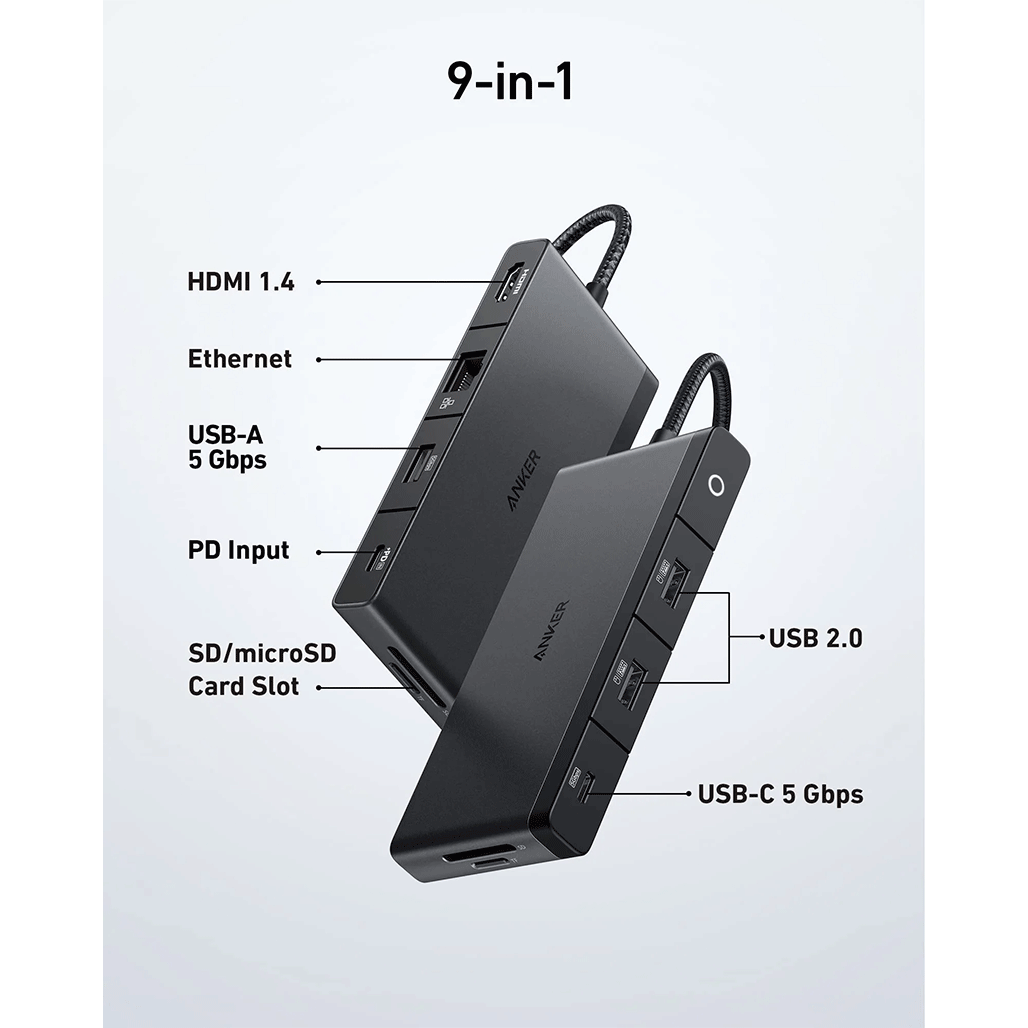 A Photo Of Anker 552 USB-C Hub (9-in-1) with 4K HDMI – High-Speed Data Transfer, Pass-Through Charging, Ethernet, SD/microSD Slots