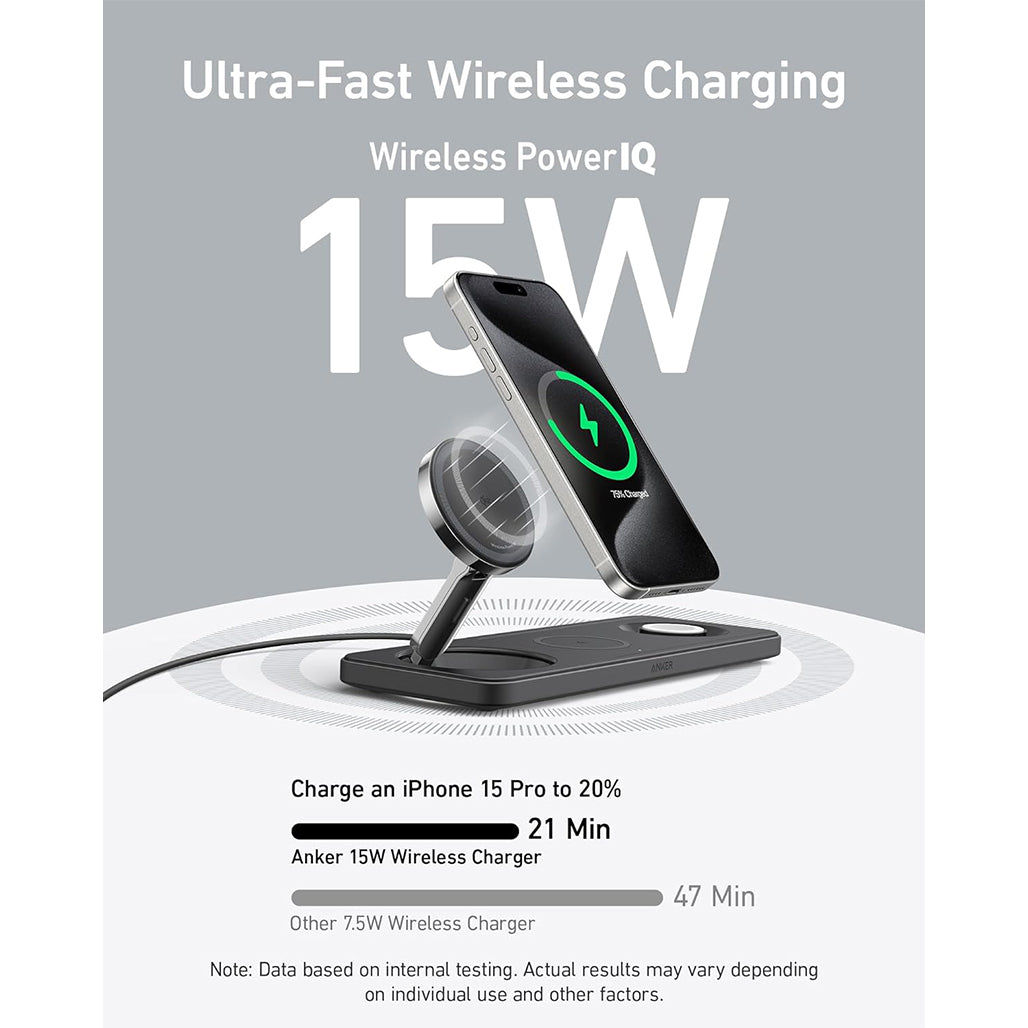 A Photo Of Anker 15W Ultra-Fast Foldable 3-in-1 Wireless Charging Station – Qi2 Certified for iPhone, Apple Watch, and AirPods