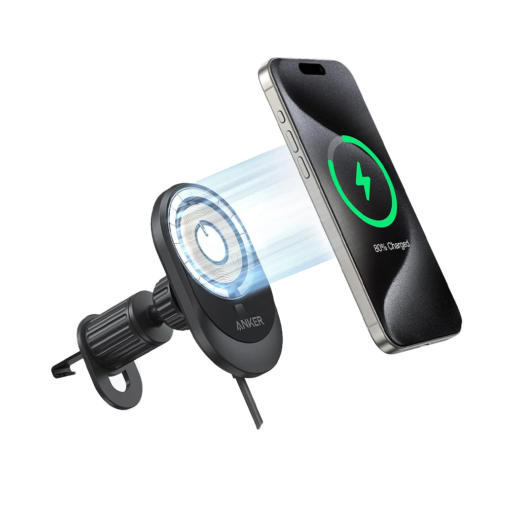 A Photo Of Anker MagGo 15W Wireless Car Charger - Magnetic Charging Pad with Built-In USB-C Cable, Adjustable 360° Base & 25W Adapter