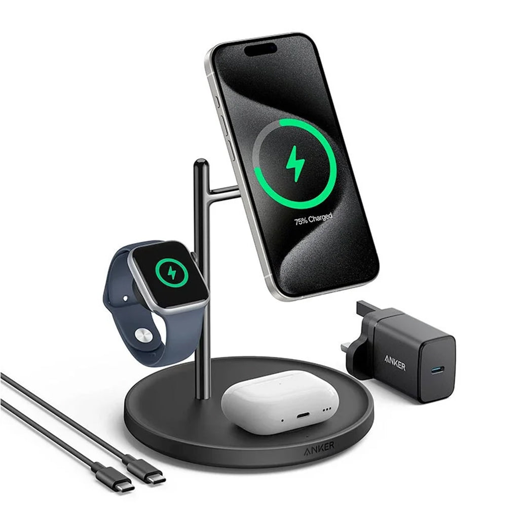 A Photo Of Anker Maggo Wireless Charging Stand 3-in-1 15W – Fast Charging for iPhone, Apple Watch, and AirPods (Black)