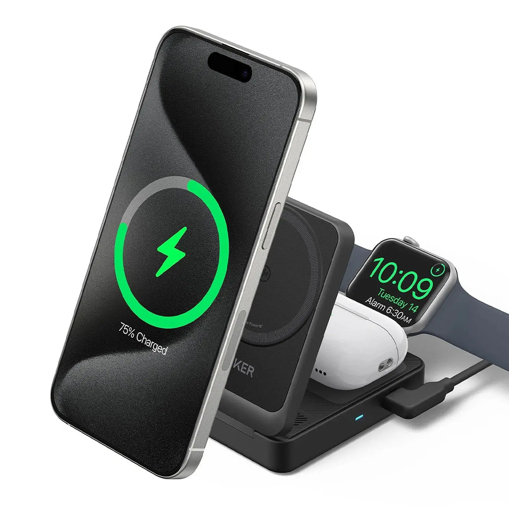 A Photo Of Anker MagGo 15W 3-in-1 Qi2 Certified Wireless Charging Station B2557 - Fast Wireless Charger for iPhone, AirPods, Apple Watch