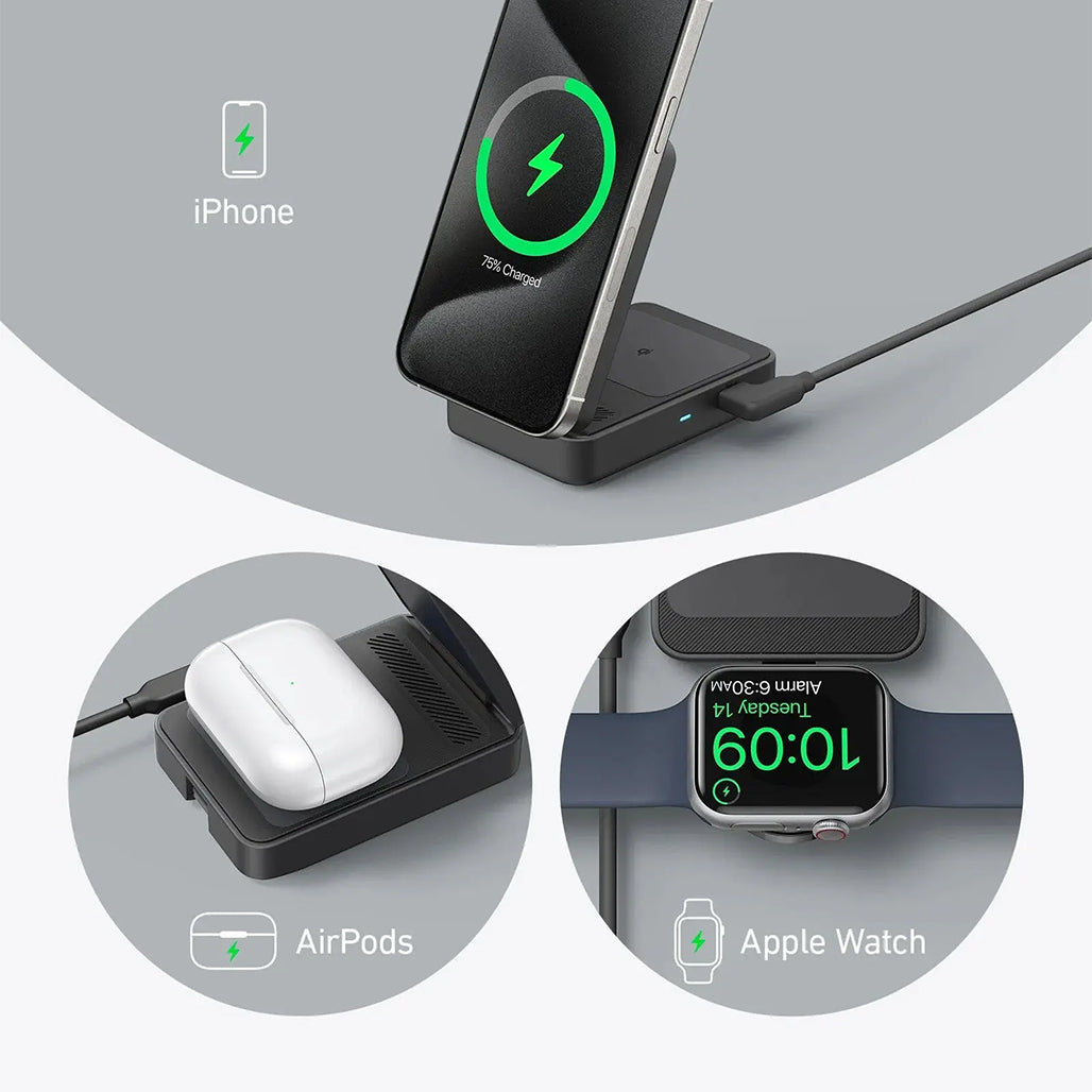 A Photo Of Anker MagGo 15W 3-in-1 Qi2 Certified Wireless Charging Station B2557 - Fast Wireless Charger for iPhone, AirPods, Apple Watch