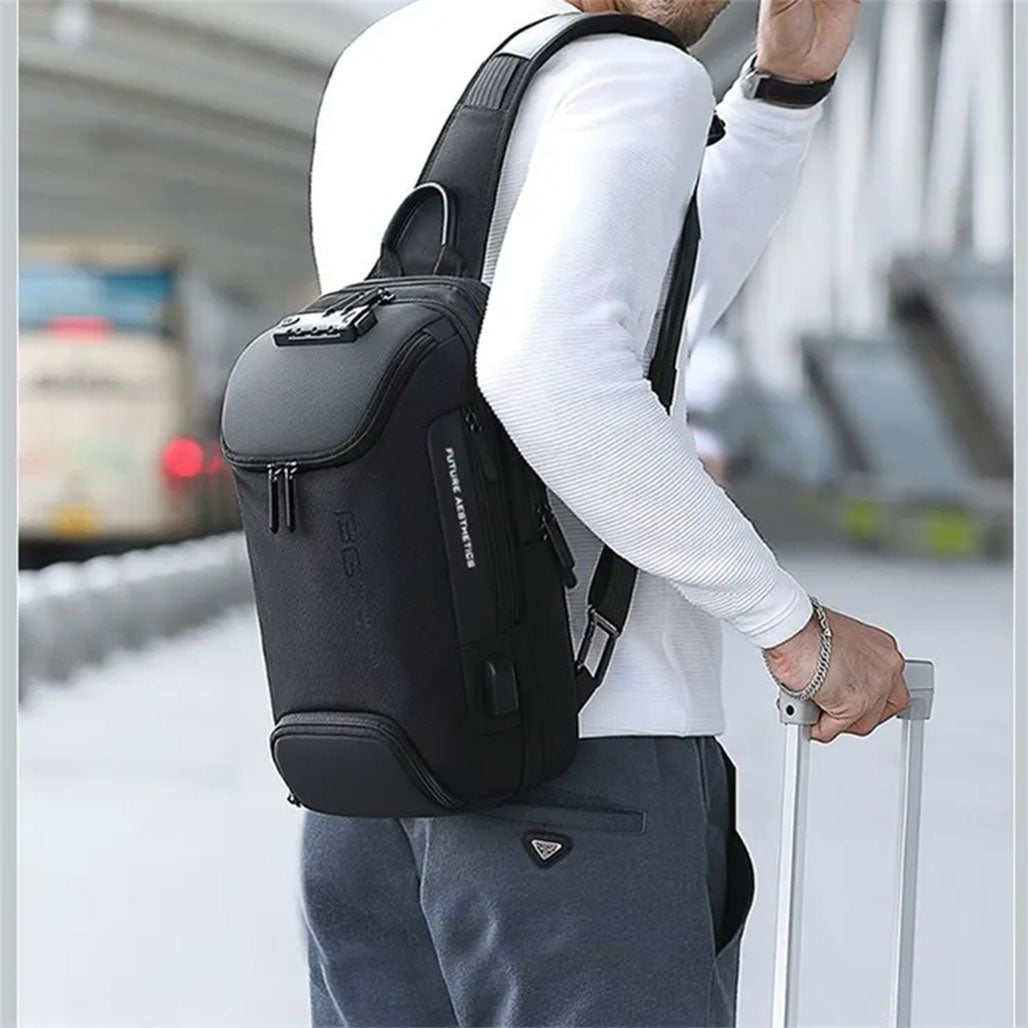 A Photo Of BANGE BG-7082 Anti-theft TSA Lock Crossbody Bag Waterproof Chest Pack with External USB Port - Black