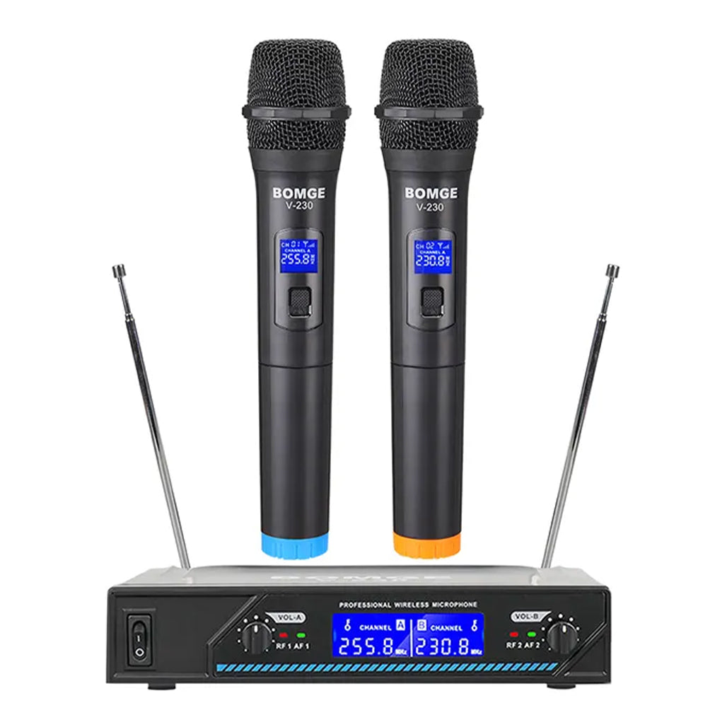 A Photo Of BOMGE V-230 2 Channel Wireless Handheld Microphone – Digital Modulation, Noise Cancelling, Certified for Karaoke, Conference & Stage Performances