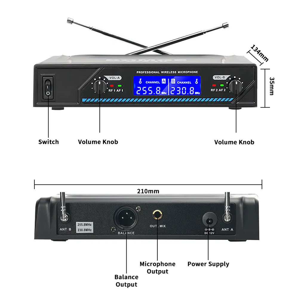 A Photo Of BOMGE V-230 2 Channel Wireless Handheld Microphone – Digital Modulation, Noise Cancelling, Certified for Karaoke, Conference & Stage Performances