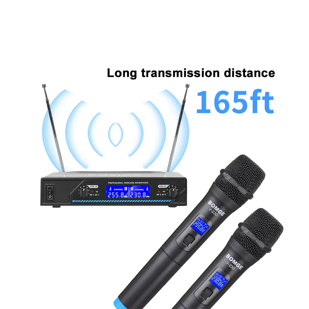 A Photo Of BOMGE V-230 2 Channel Wireless Handheld Microphone – Digital Modulation, Noise Cancelling, Certified for Karaoke, Conference & Stage Performances