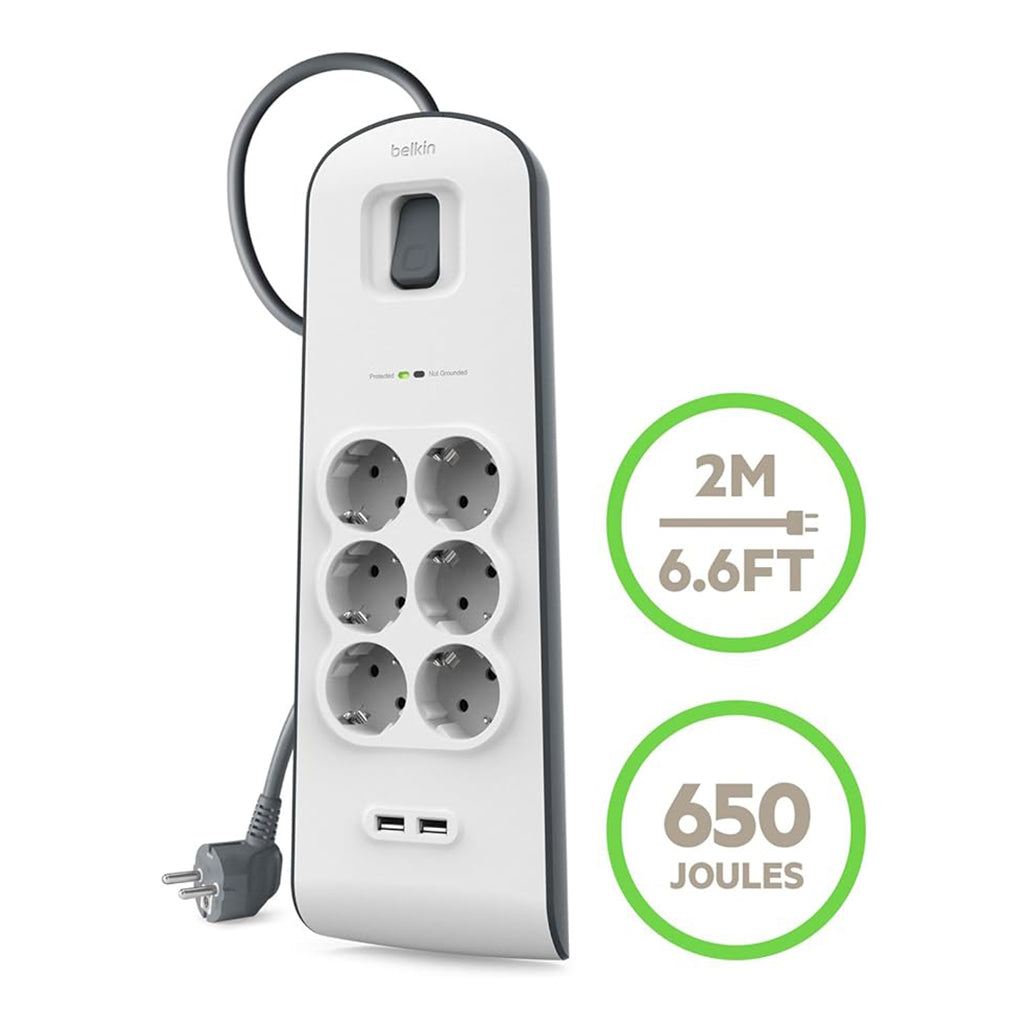 A Photo Of Belkin BSV604Vf2M 6-Outlet Surge Protector with 2.4A USB Charging - 2M Cord, 650 Joules, 15,000A Spike Protection