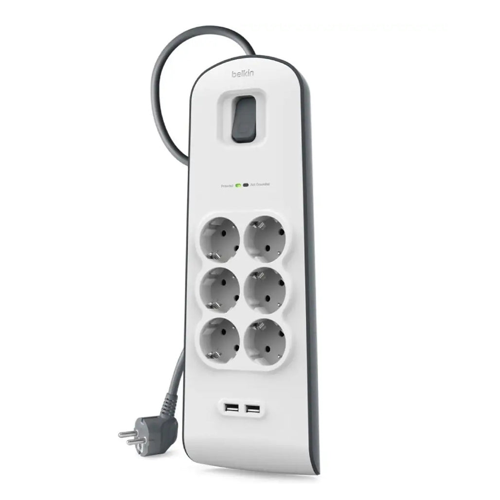 A Photo Of Belkin BSV604Vf2M 6-Outlet Surge Protector with 2.4A USB Charging - 2M Cord, 650 Joules, 15,000A Spike Protection