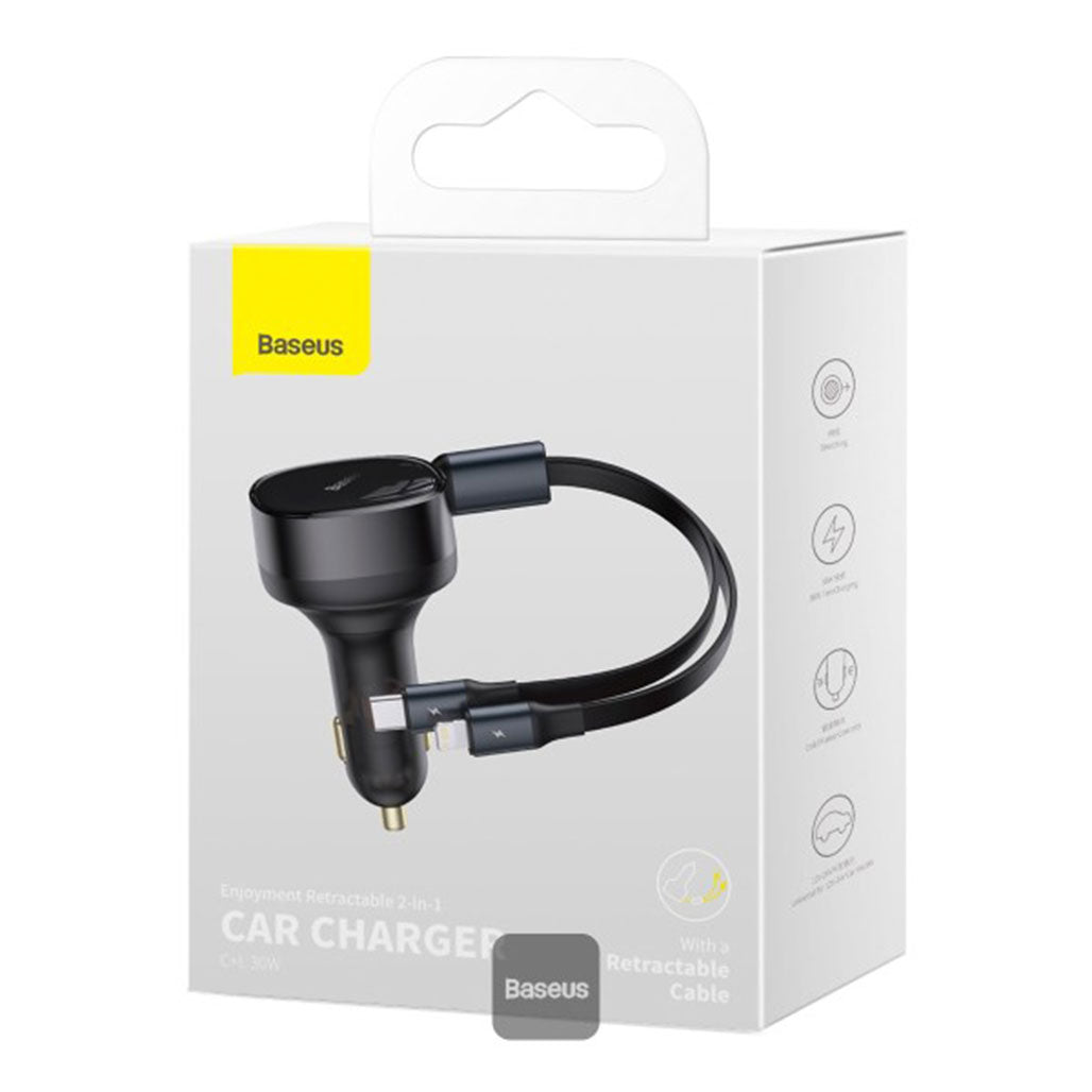 A Photo Of Baseus Enjoyment Retractable 2-in-1 Car Charger C+L 30W - Black