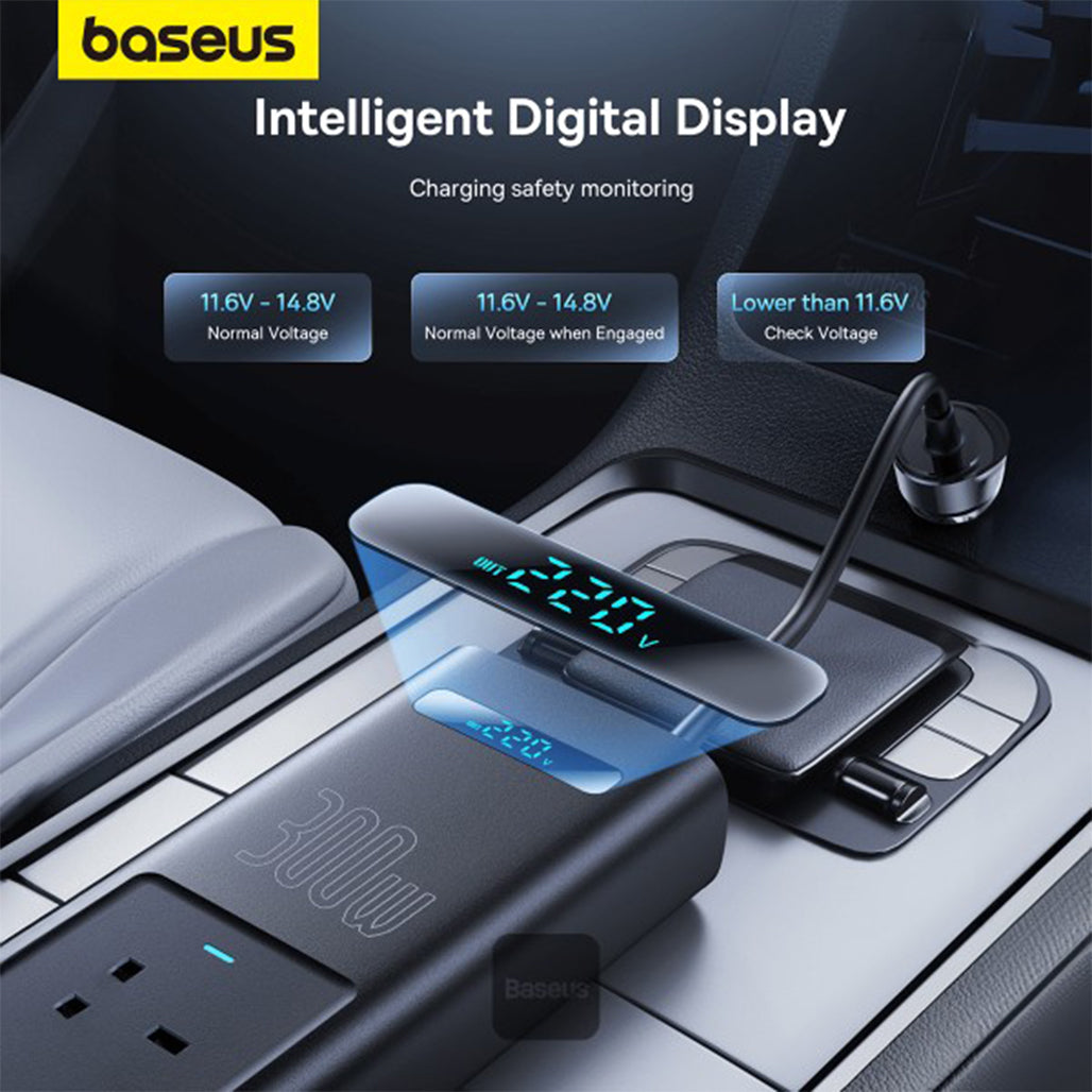 A Photo Of Baseus 300W Car Power Inverter with Smart Display, 5 Ports (1 USB-A, 2 USB-C, 2 AC Outlets), 12V DC to 200V-240V AC UK Plugs - Cluster Black, Ideal for Camping, Road Trips & Outdoor Use