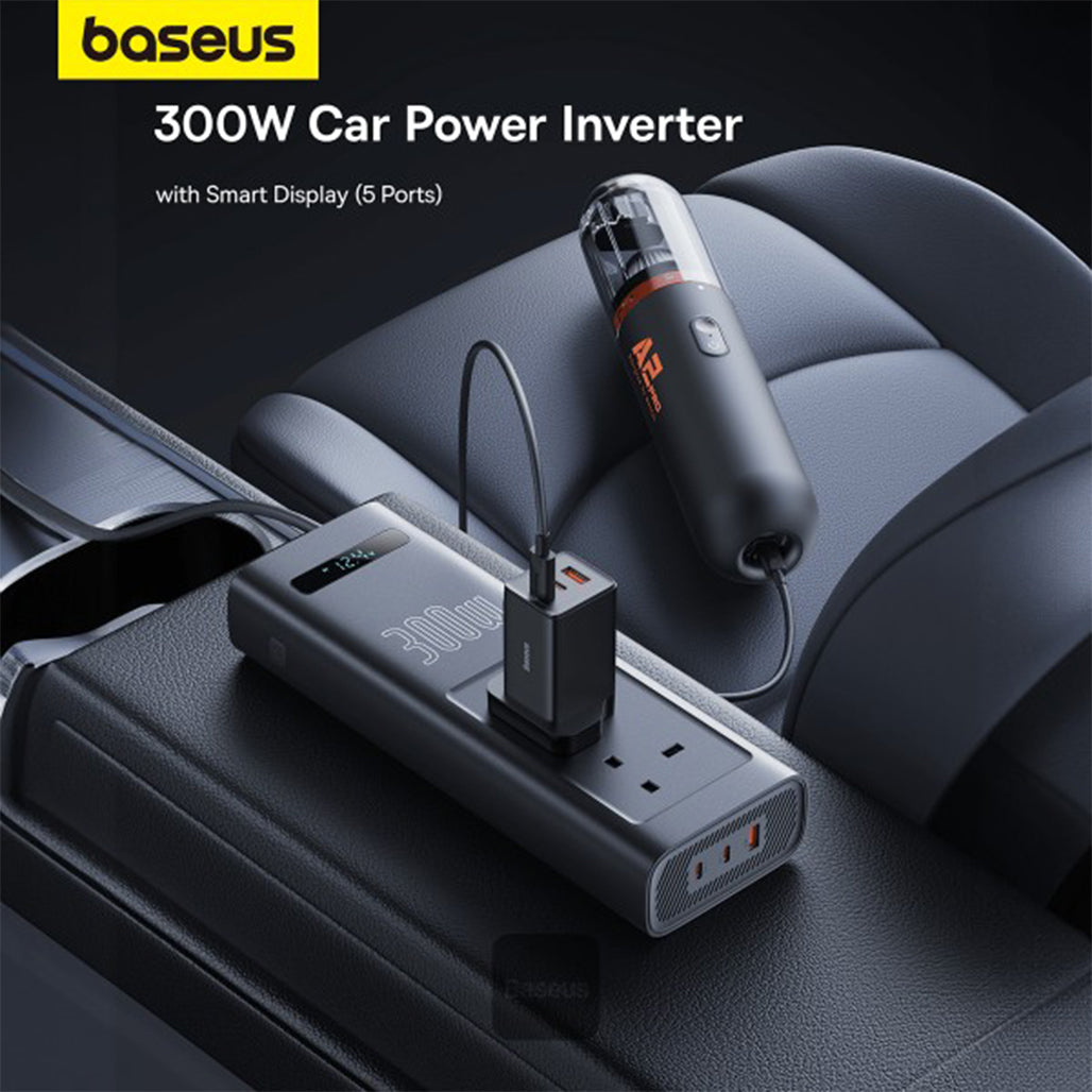 A Photo Of Baseus 300W Car Power Inverter with Smart Display, 5 Ports (1 USB-A, 2 USB-C, 2 AC Outlets), 12V DC to 200V-240V AC UK Plugs - Cluster Black, Ideal for Camping, Road Trips & Outdoor Use