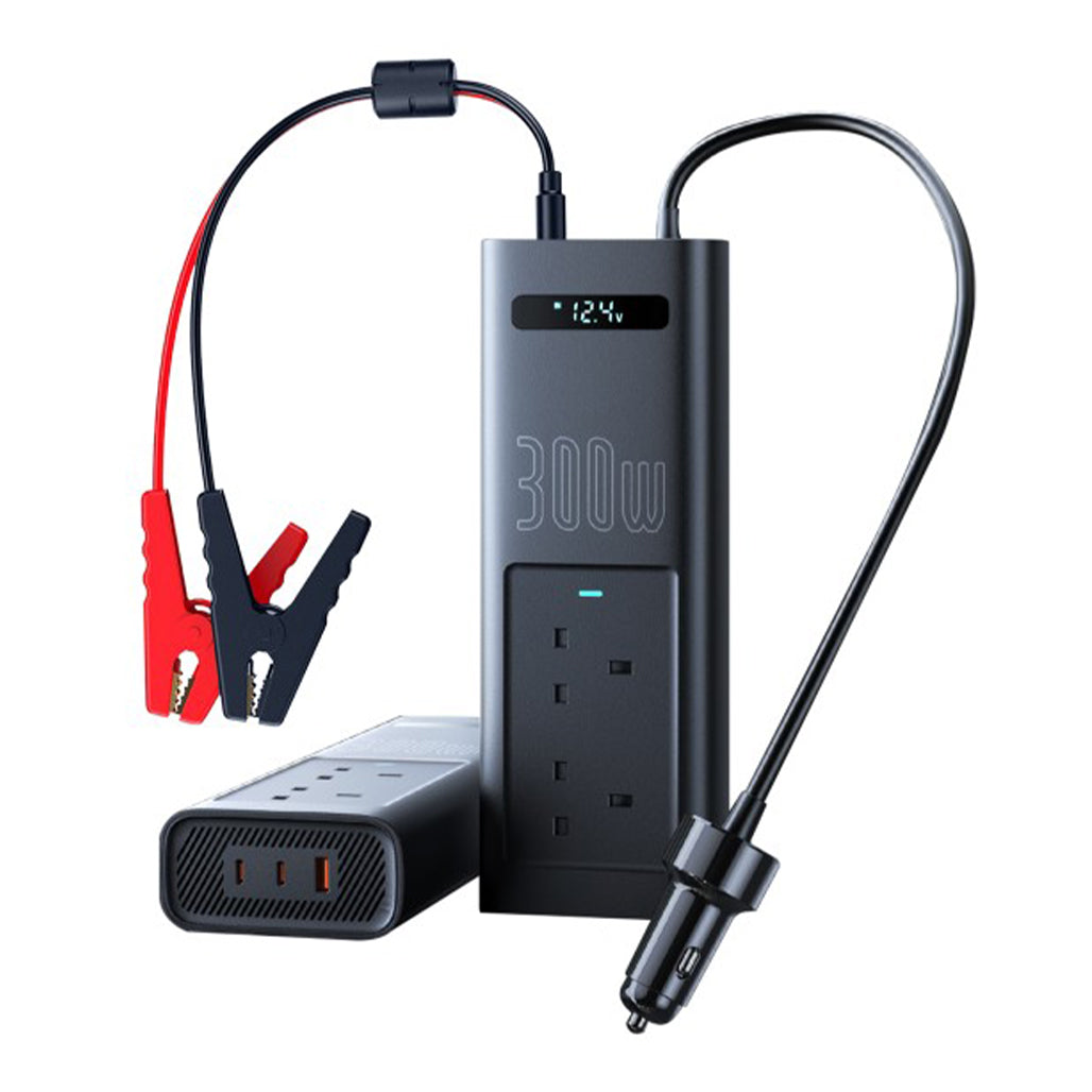 A Photo Of Baseus 300W Car Power Inverter with Smart Display, 5 Ports (1 USB-A, 2 USB-C, 2 AC Outlets), 12V DC to 200V-240V AC UK Plugs - Cluster Black, Ideal for Camping, Road Trips & Outdoor Use