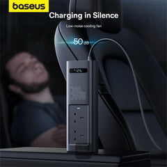 A Photo Of Baseus 300W Car Power Inverter with Smart Display, 5 Ports (1 USB-A, 2 USB-C, 2 AC Outlets), 12V DC to 200V-240V AC UK Plugs - Cluster Black, Ideal for Camping, Road Trips & Outdoor Use