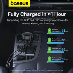 A Photo Of Baseus Enjoyment Pro 60W Car Charger with Retractable Type-C & Lightning Cables - Fast Charging for 3 Devices