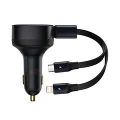 A Photo Of Baseus Enjoyment Pro 60W Car Charger with Retractable Type-C & Lightning Cables - Fast Charging for 3 Devices