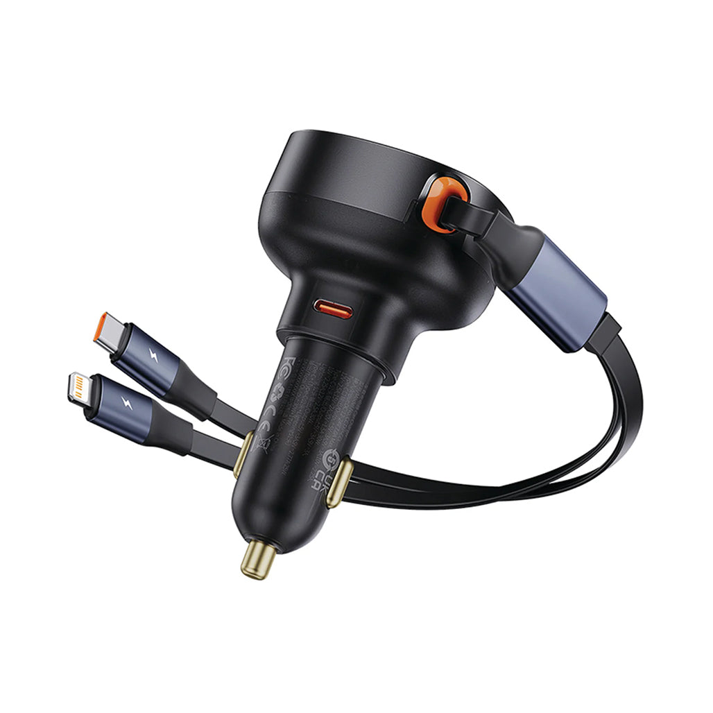 A Photo Of Baseus Enjoyment Pro 60W Car Charger with Retractable Type-C & Lightning Cables - Fast Charging for 3 Devices