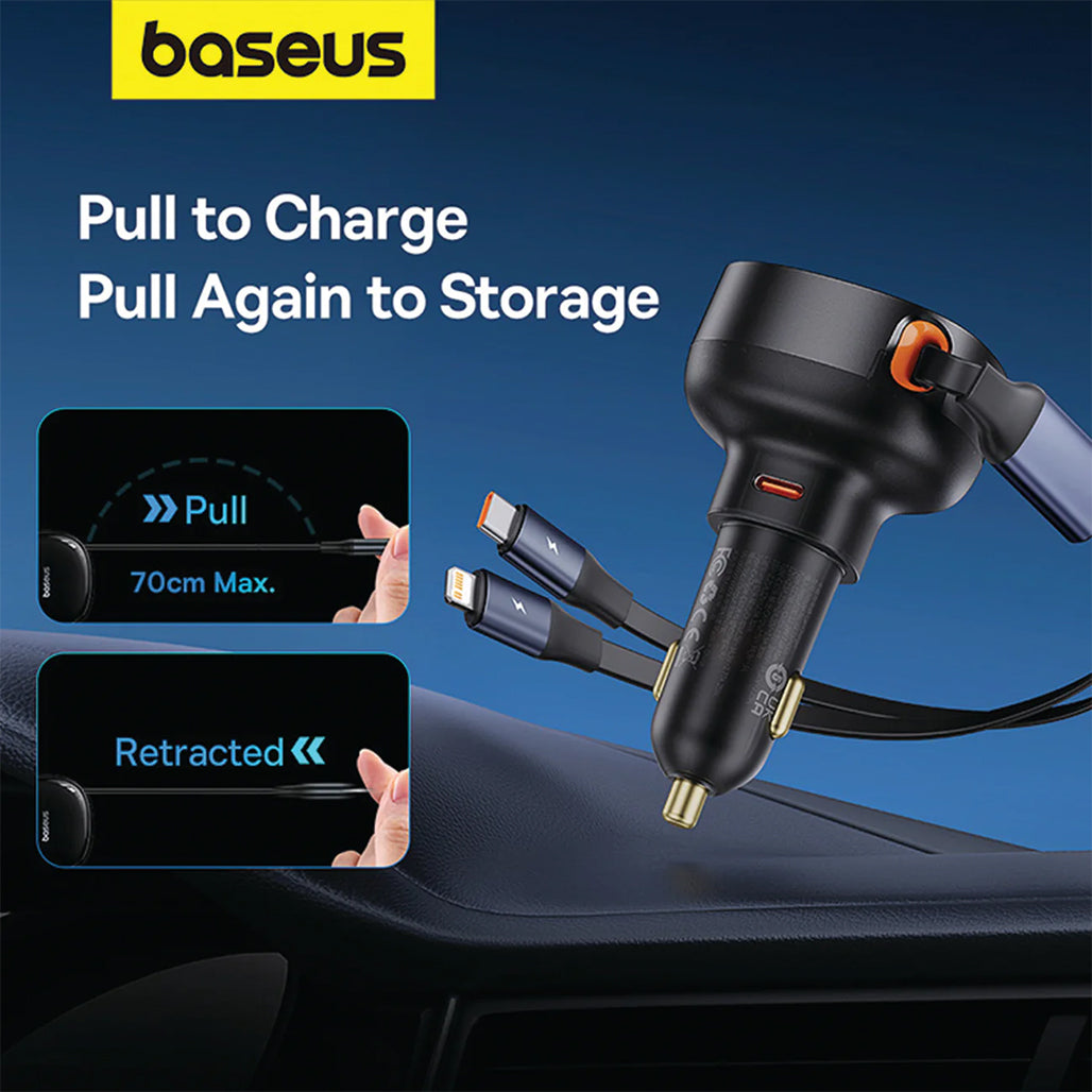 A Photo Of Baseus Enjoyment Pro 60W Car Charger with Retractable Type-C & Lightning Cables - Fast Charging for 3 Devices