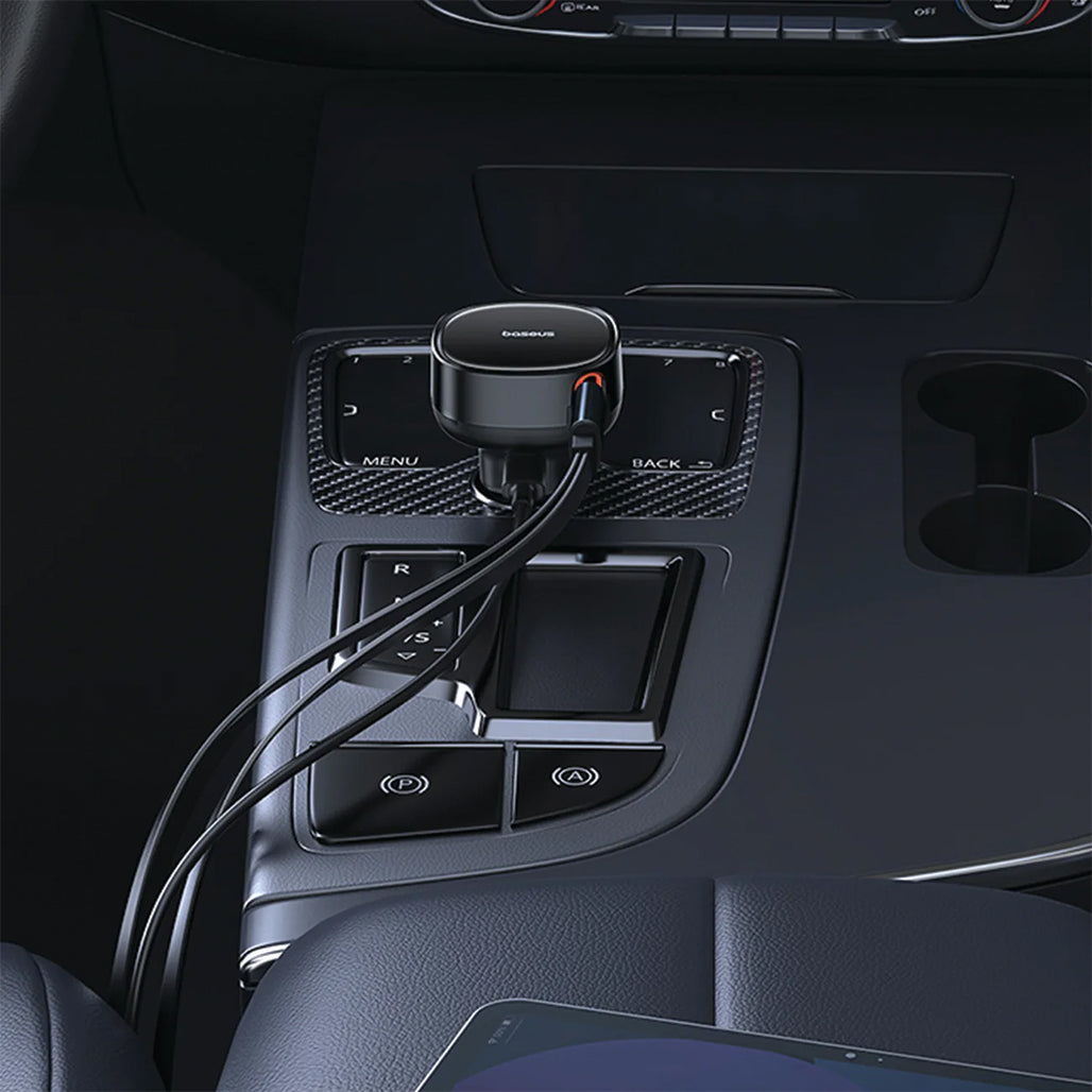 A Photo Of Baseus Enjoyment Pro 60W Car Charger with Retractable Type-C & Lightning Cables - Fast Charging for 3 Devices