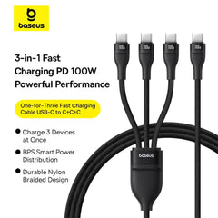 A Photo Of Baseus Flash Series 3 Type-C to C+C+C Fast Charging Cable | 3-in-1 100W Power Deliver