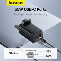 A Photo Of Baseus GaN5 Pro 65W 3-Port Fast Charger with Dual Type-C and USB-A | UK Plug | Ideal for iPhone, MacBook, iPad, Samsung, and Type-C Devices