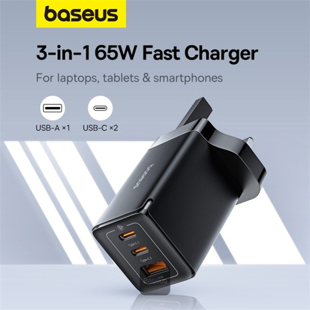 A Photo Of Baseus GaN5 Pro 65W 3-Port Fast Charger with Dual Type-C and USB-A | UK Plug | Ideal for iPhone, MacBook, iPad, Samsung, and Type-C Devices