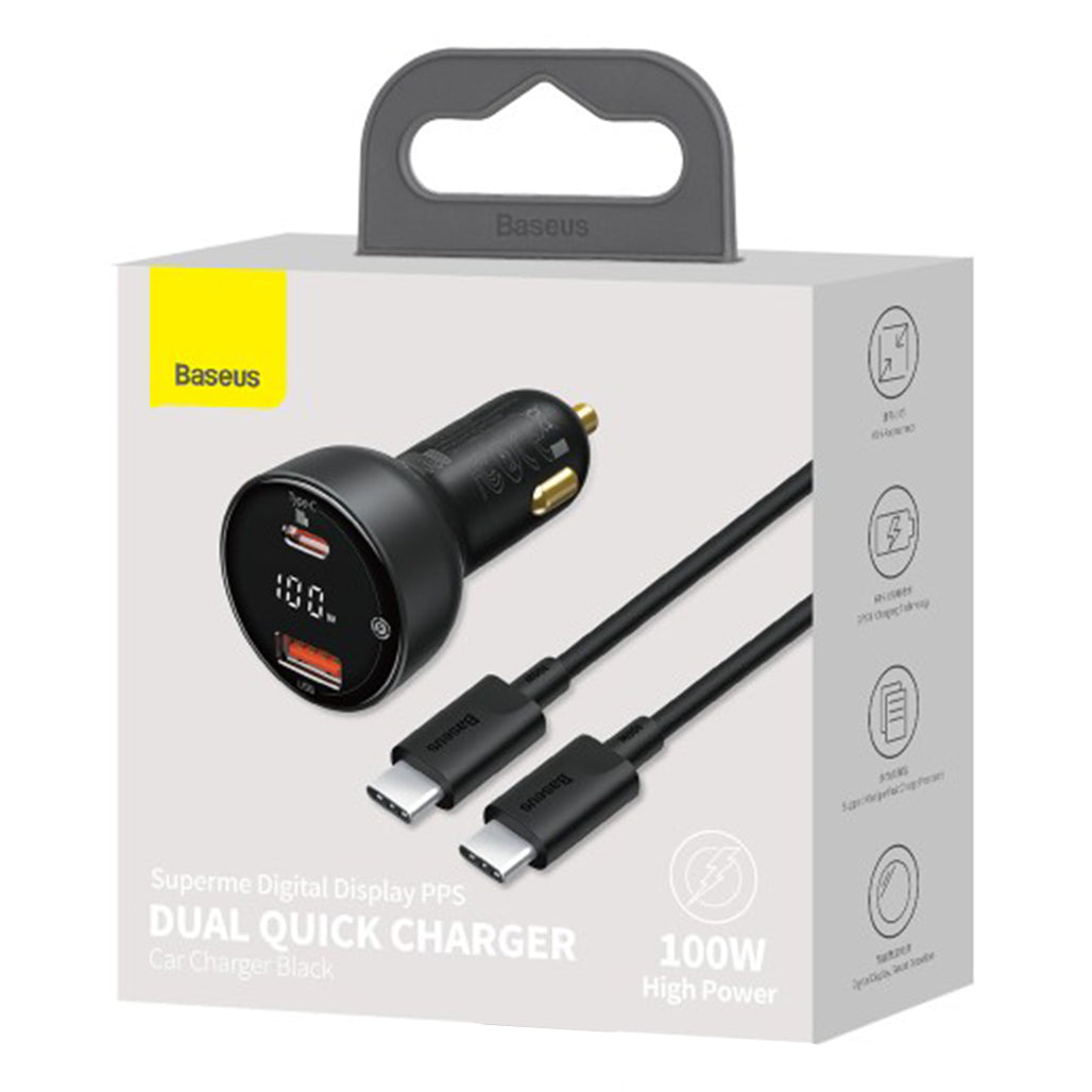 A Photo Of Baseus Superme PPS Dual Quick Car Charger with 1m USB-C to USB-C Cable – 100W Fast Charging with Digital Display