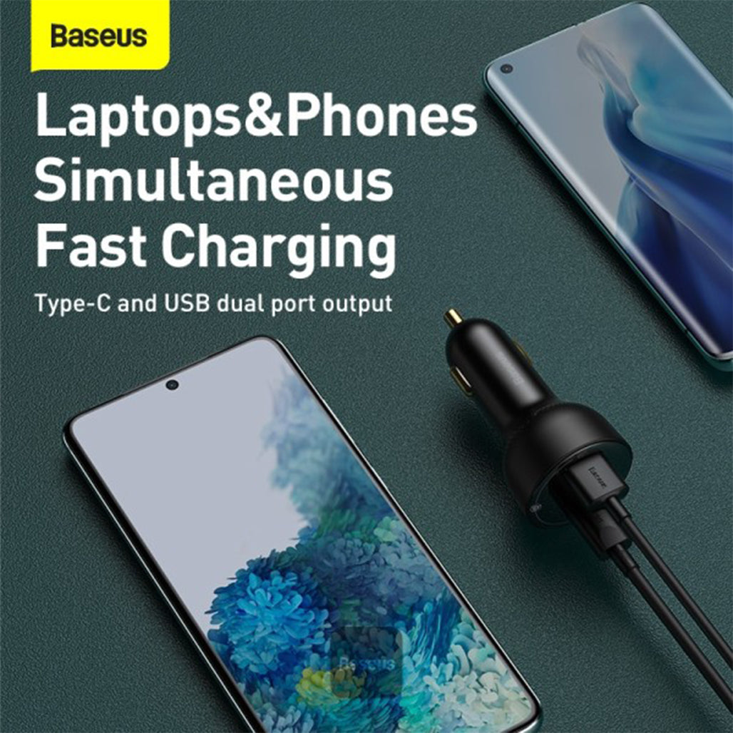 A Photo Of Baseus Superme PPS Dual Quick Car Charger with 1m USB-C to USB-C Cable – 100W Fast Charging with Digital Display