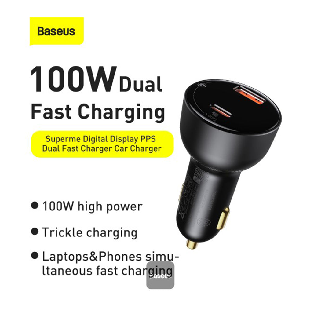 A Photo Of Baseus Superme PPS Dual Quick Car Charger with 1m USB-C to USB-C Cable – 100W Fast Charging with Digital Display