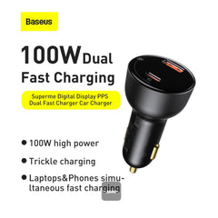 A Photo Of Baseus Superme PPS Dual Quick Car Charger with 1m USB-C to USB-C Cable – 100W Fast Charging with Digital Display