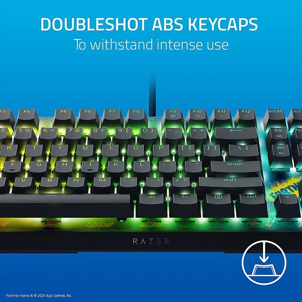 A Photo Of Razer BlackWidow V4 X Fortnite Edition Keyboard - Yellow Switches, Full-Size with RGB Lighting