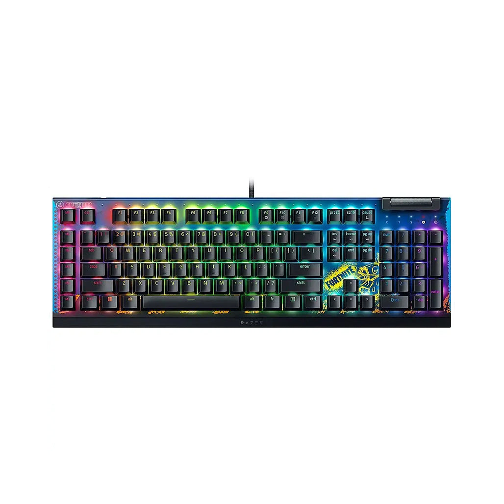 A Photo Of Razer BlackWidow V4 X Fortnite Edition Keyboard - Yellow Switches, Full-Size with RGB Lighting