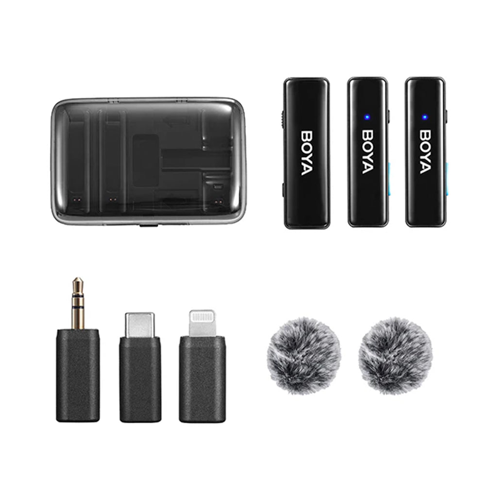 A Photo Of BOYALINK All-in-One Wireless Microphone System – Dual-Channel 2.4GHz, Noise Reduction, Ultra-Long Battery Life, and Multi-Connector Support