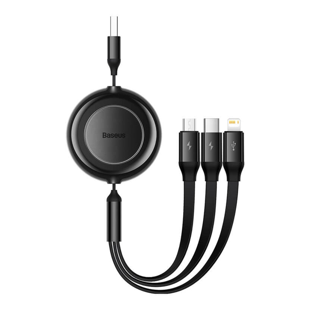 A Photo Of Baseus Bright Mirror 2 Series Retractable 3-in-1 Fast Charging Data Cable | USB-A to Type-C, Lightning, Micro USB | 3.5A | 1.1M - Black