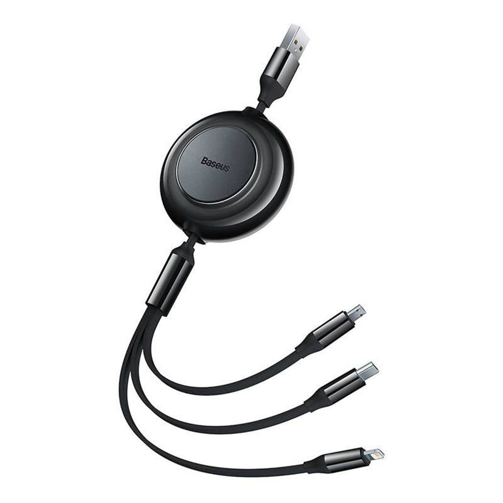 A Photo Of Baseus Bright Mirror 2 Series Retractable 3-in-1 Fast Charging Data Cable | USB-A to Type-C, Lightning, Micro USB | 3.5A | 1.1M - Black