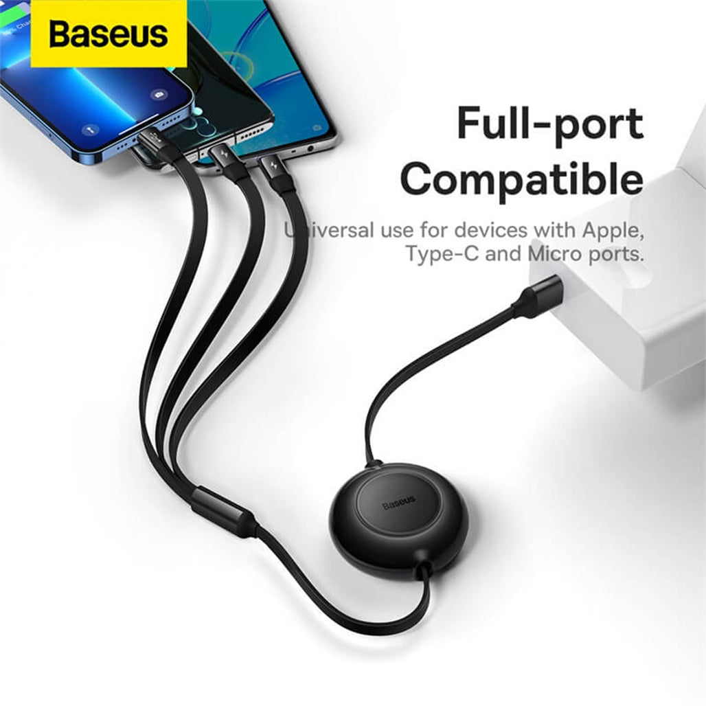 A Photo Of Baseus Bright Mirror 2 Series Retractable 3-in-1 Fast Charging Data Cable | USB-A to Type-C, Lightning, Micro USB | 3.5A | 1.1M - Black