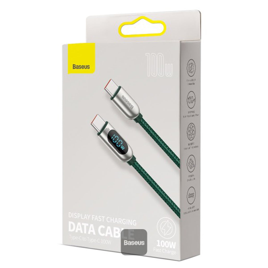 A Photo Of Baseus LED Display Fast Charging Data Cable Type-C to Type-C 100W 5A, 2M – High-Speed Green Charging Cable with Smart Monitoring