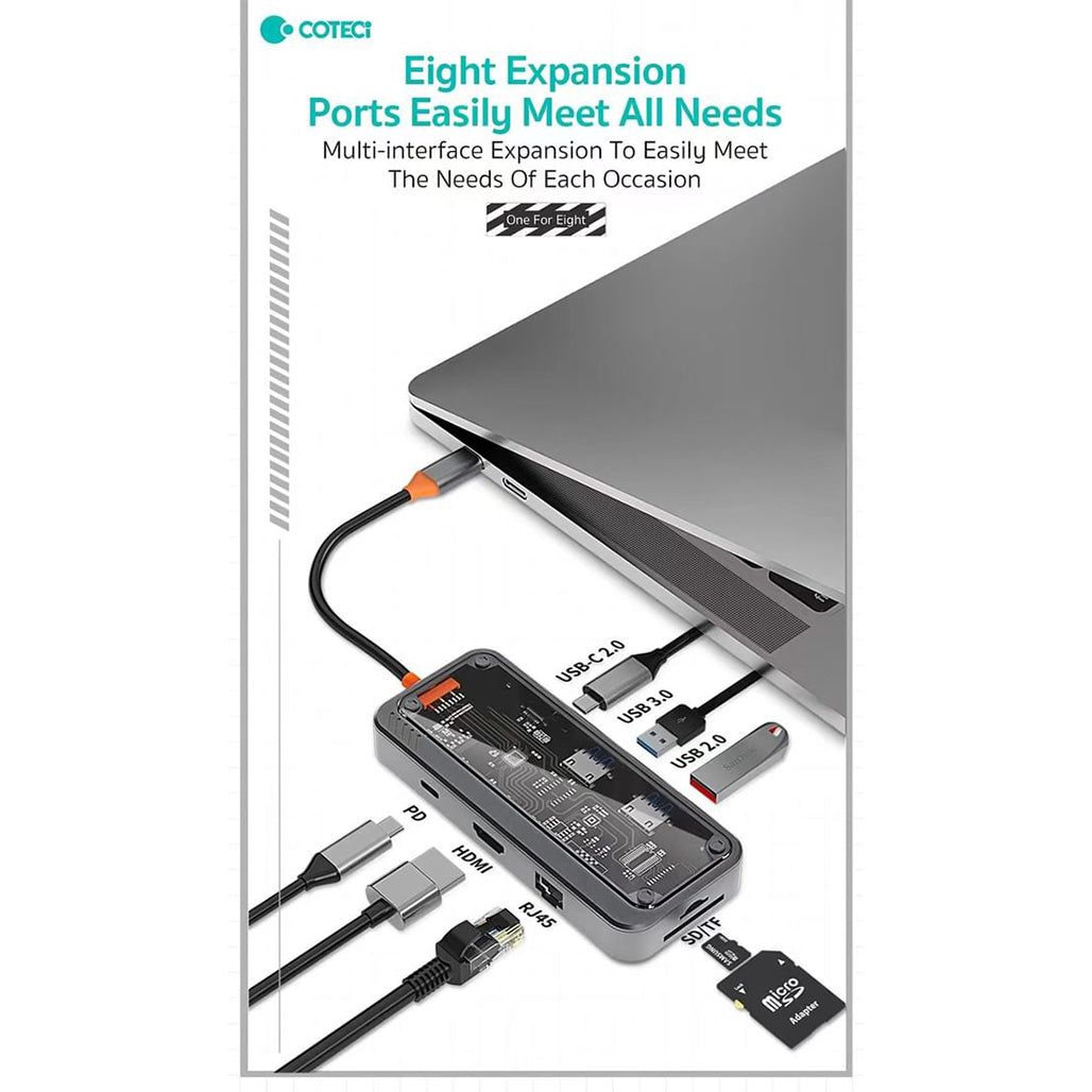 A Photo Of COTEetCI 8-in-1 Multifunctional Docking Station – USB 3.0, Type-C PD100W, HDMI 4K, and More