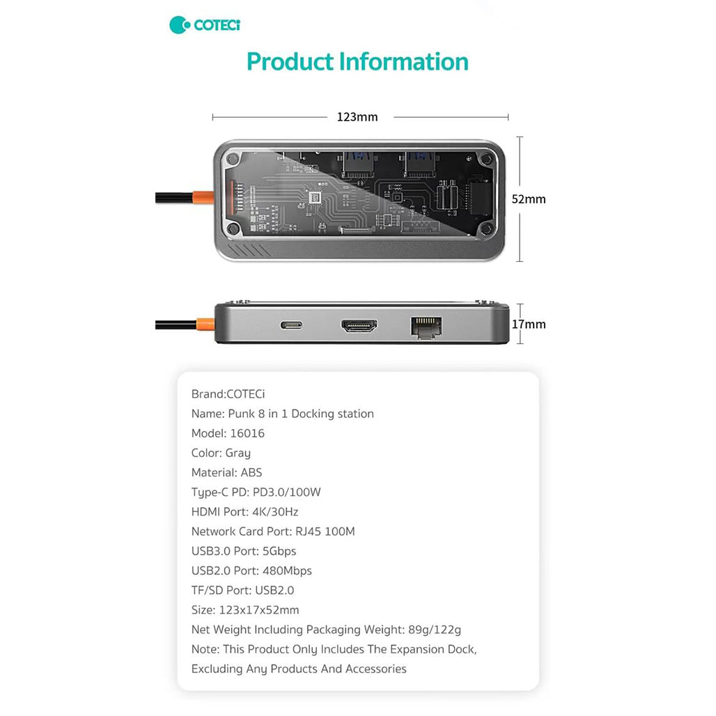 A Photo Of COTEetCI 8-in-1 Multifunctional Docking Station – USB 3.0, Type-C PD100W, HDMI 4K, and More