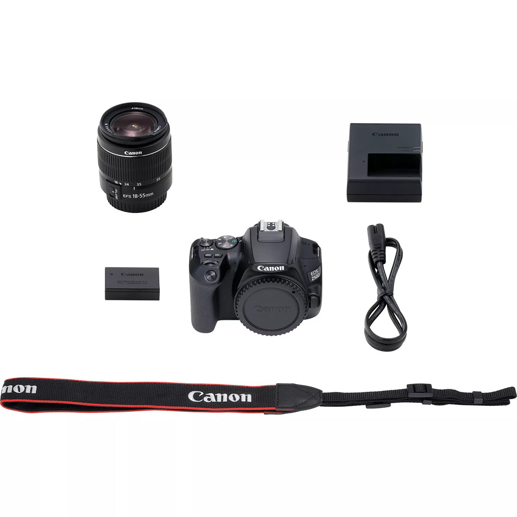 A Photo Of Canon EOS 250D Black DSLR Camera with EF-S 18-55mm f/3.5-5.6 III Lens – Lightweight, 4K Video, 24.1MP Sensor